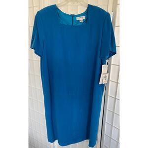 Shomi by Miller Shor 100% Silk Blue Sheath Dress Lined‎ Short Sleeve Size 14 NWT
